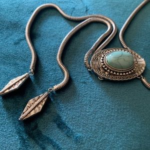 Turquoise silver ascot necklace Aztec feather